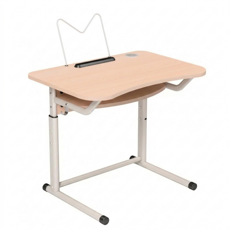 Единична ученическа маса с комбиниран правоъгълно-овален + кръгъл рама, регулируема